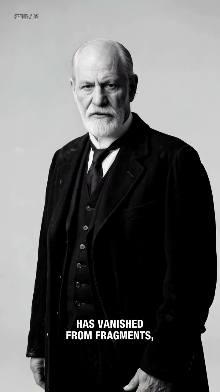 A black-and-white full-length portrait-film frame of Freud