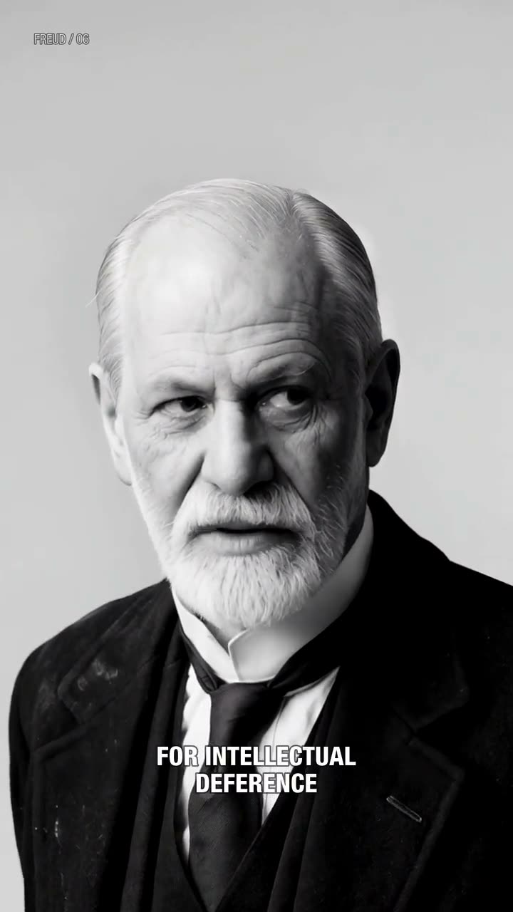 A black-and-white portrait-film frame of Freud looking directly toward the camera