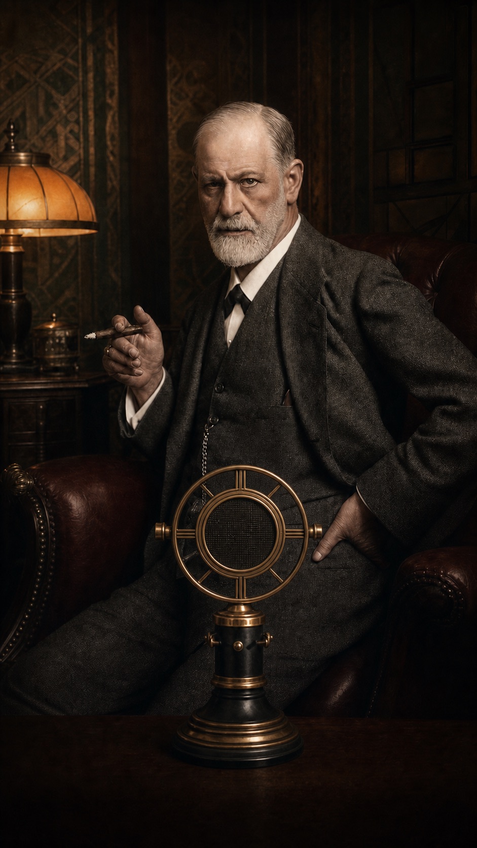 The app's imagined Freud seated in a Viennese room behind an antique microphone